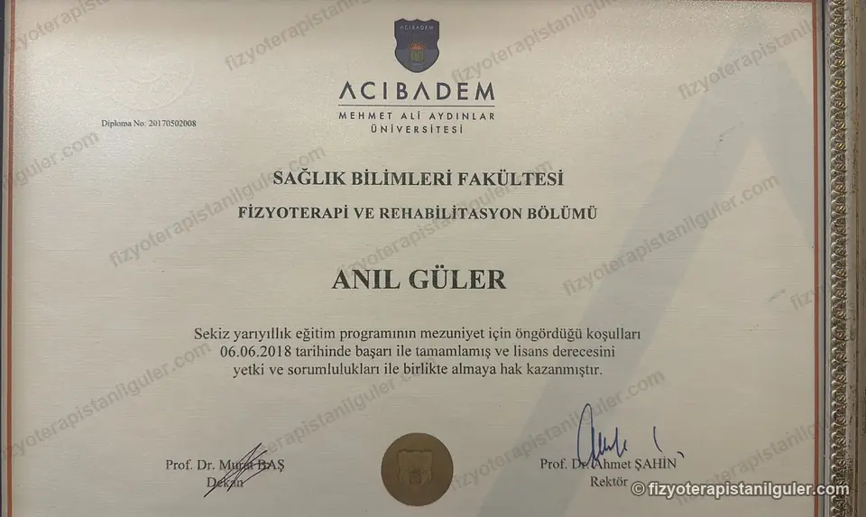 Anıl Güler adına düzenlenmiş Acıbadem Mehmet Ali Aydınlar Üniversitesi Fizyoterapi ve Rehabilitasyon Bölümü lisans diploması, 2018