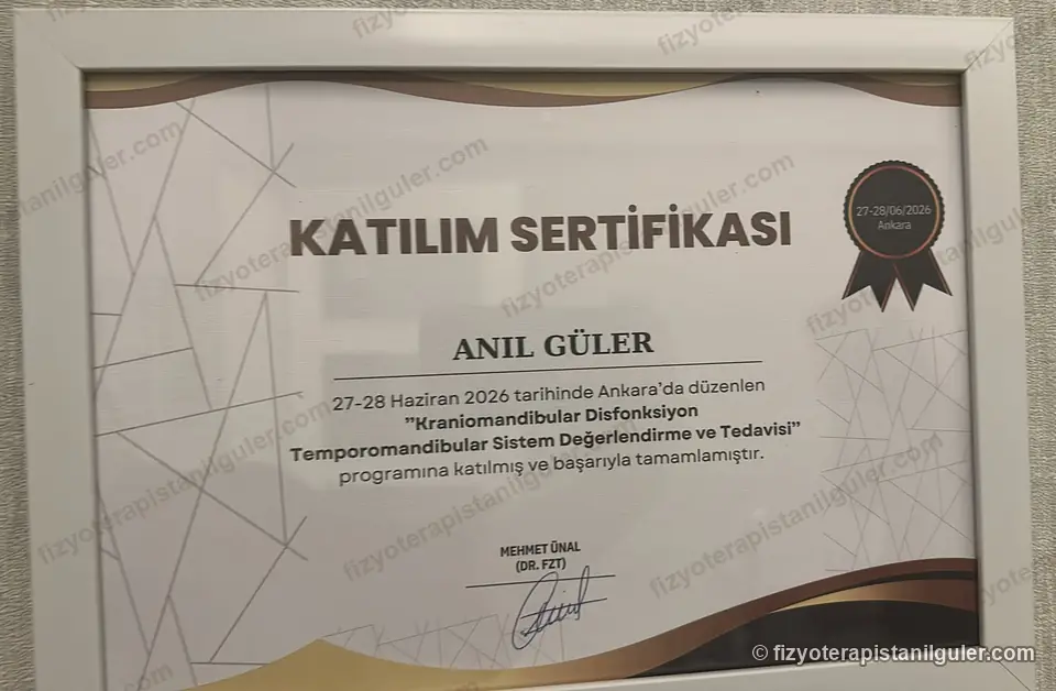 Anıl Güler adına Kraniomandibular Disfonksiyon, Temporomandibular Sistem Değerlendirme ve Tedavisi katılım sertifikası, Ankara 2026